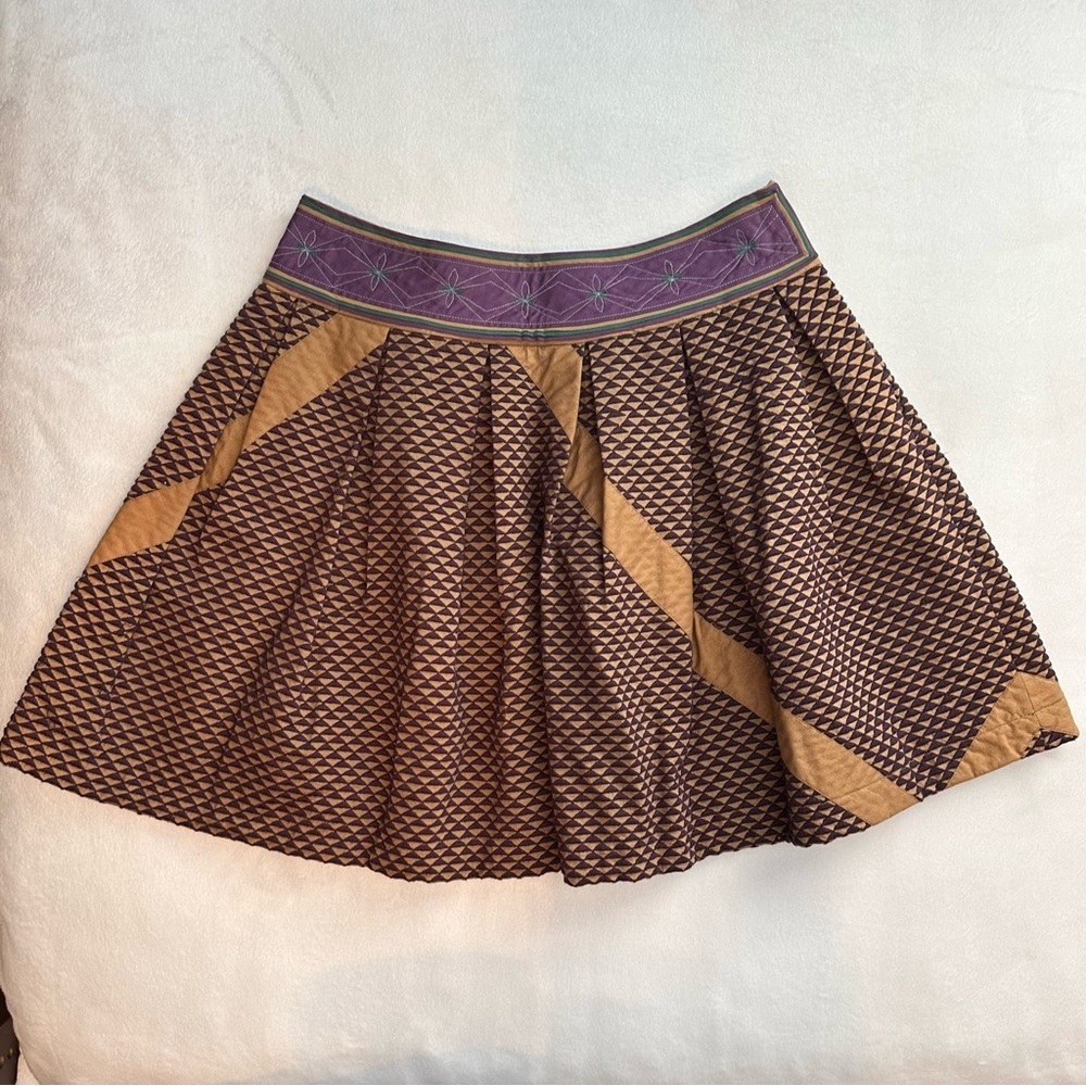 PANKAJ & NIDHI Anthropologie Mini Skirt Full Jaccard Purple Brown Quilted Sz 6